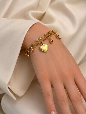 Gold Heart Charm Layered Bracelet | Adjustable Dainty Chain Bracelet for Women